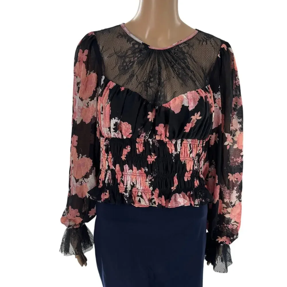 Free People Black Floral Midnight Combo Pink Daphne Blouse